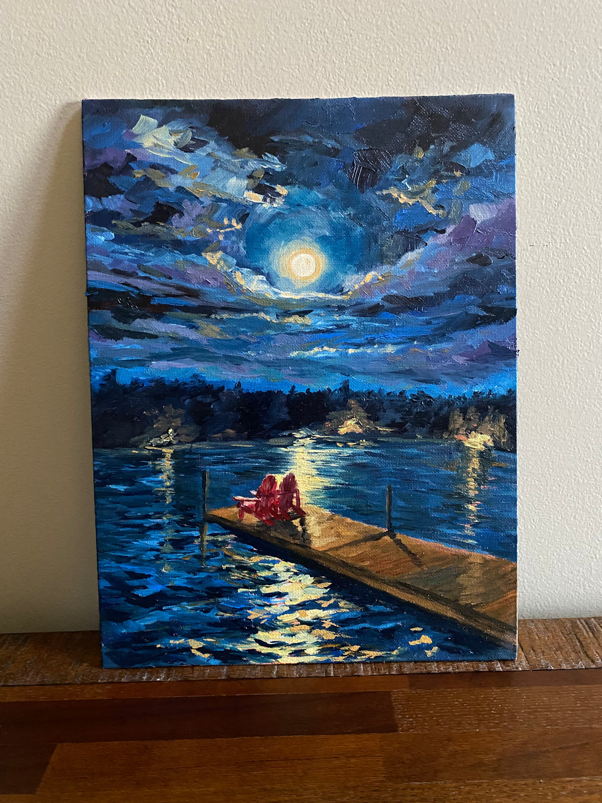 Nighttime Lake on the Dock - Original Oil Painting