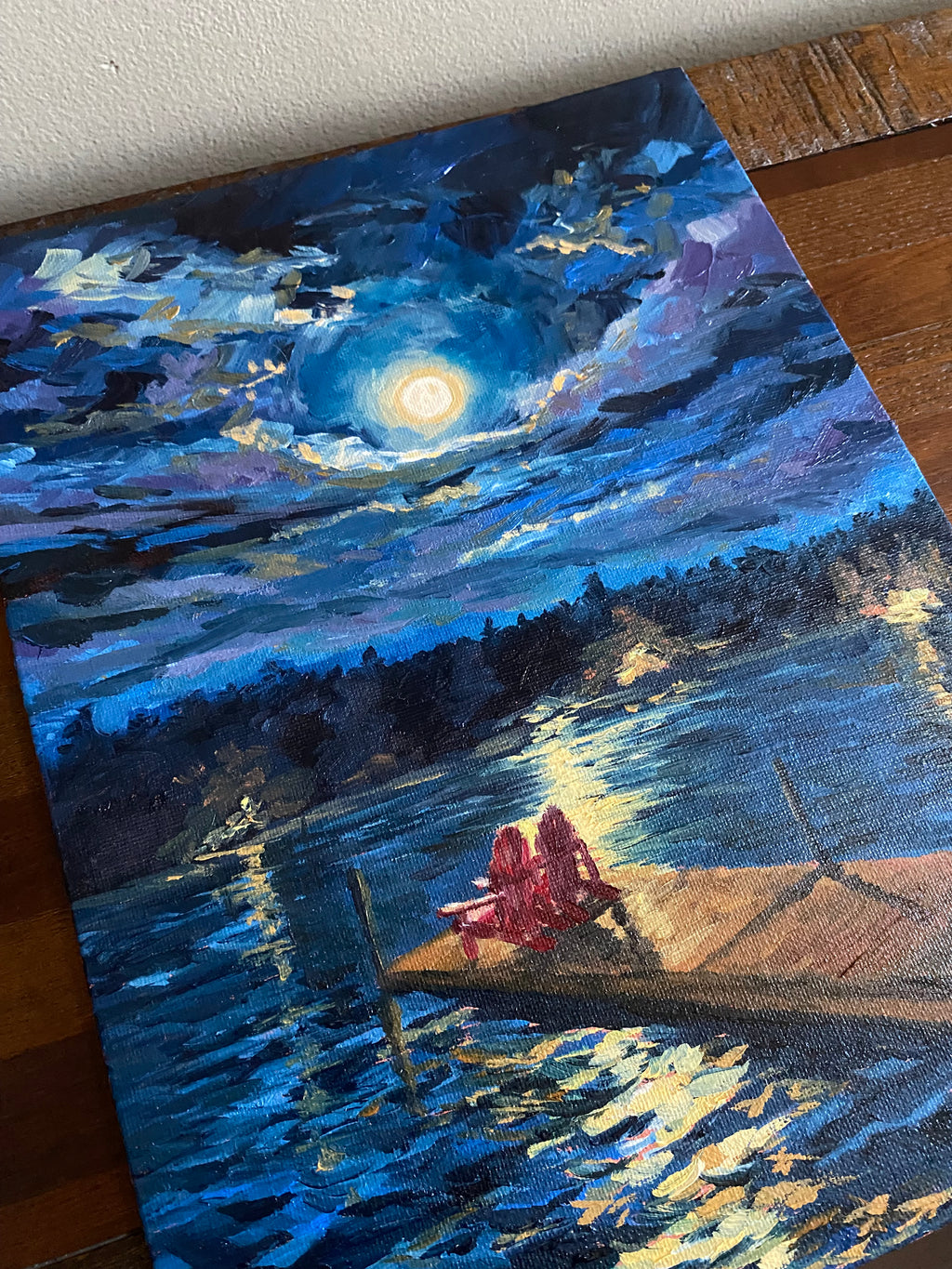 Nighttime Lake on the Dock - Original Oil Painting