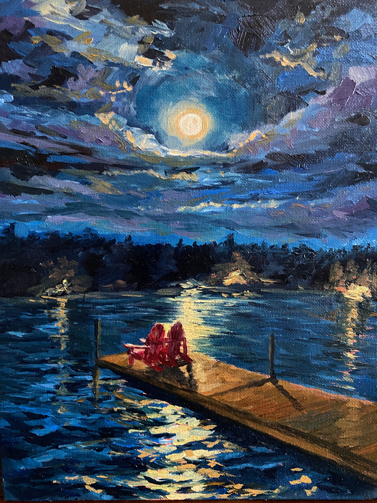 Nighttime Lake on the Dock - Original Oil Painting