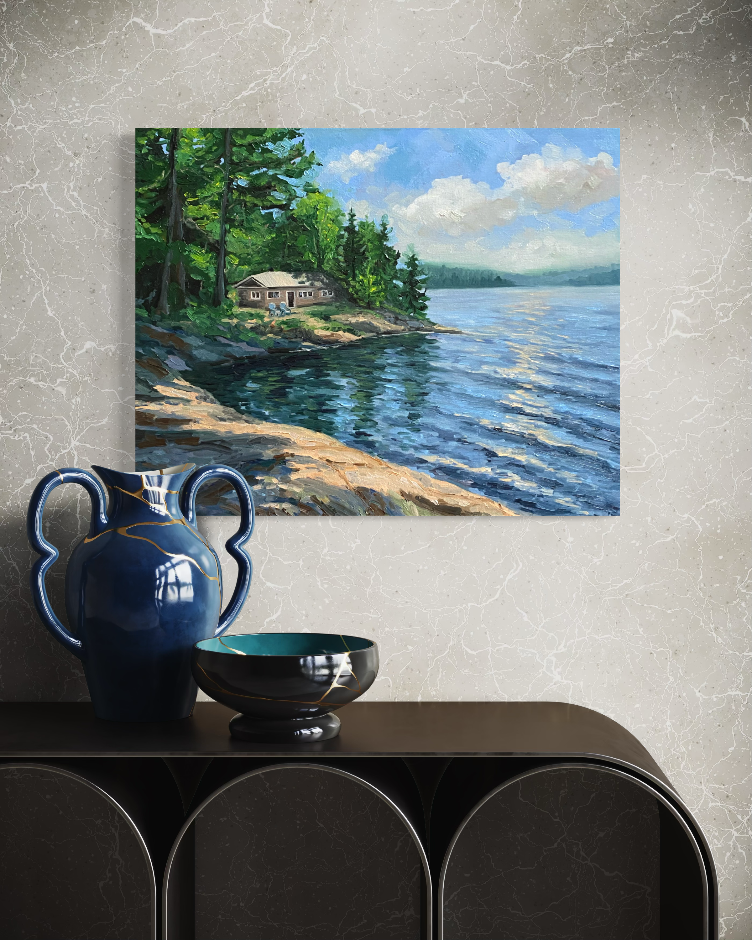 Cabin by the Lake - Original Oil Painting