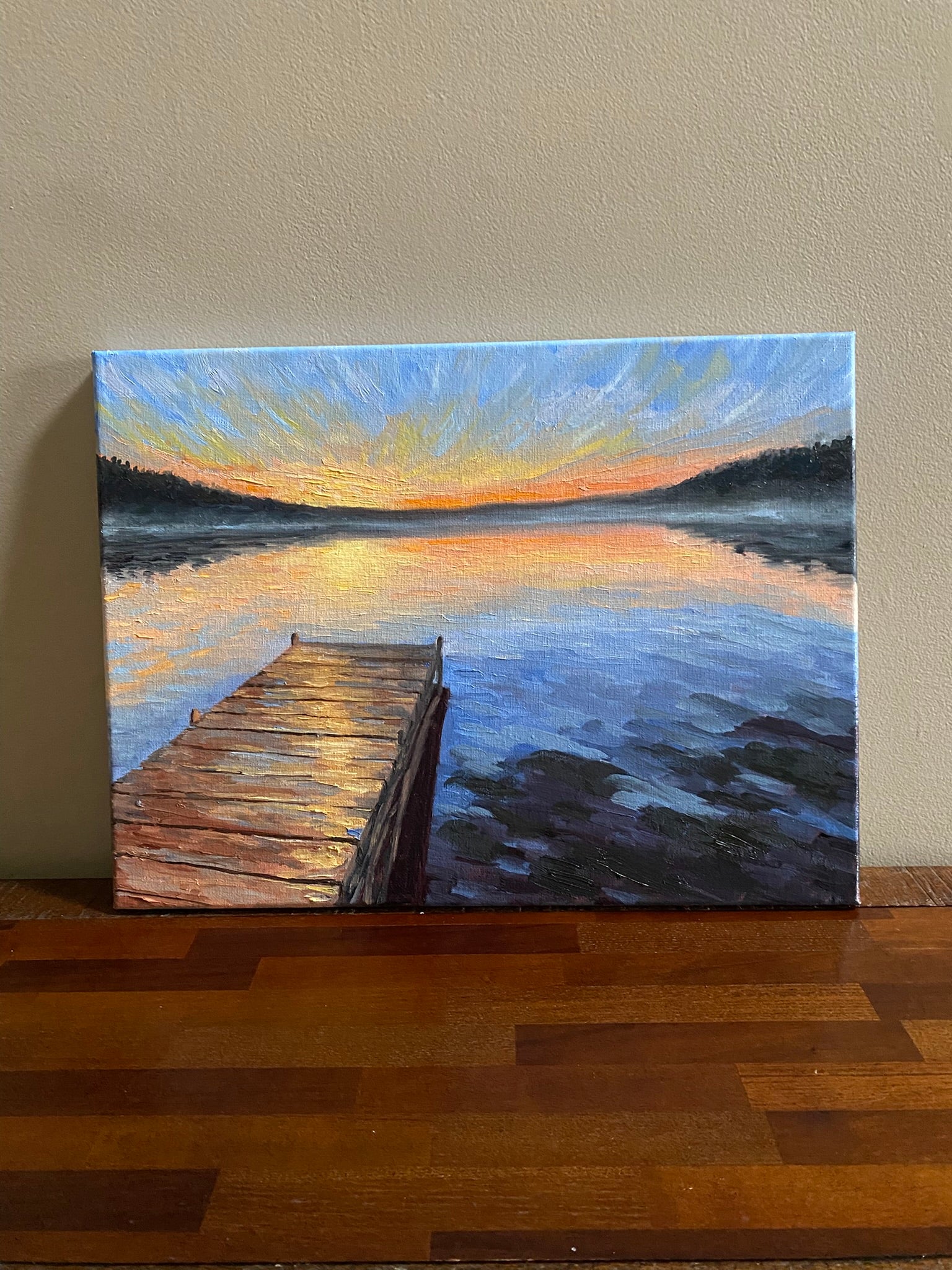 Sunrise sky over the lake - Original Oil Painting