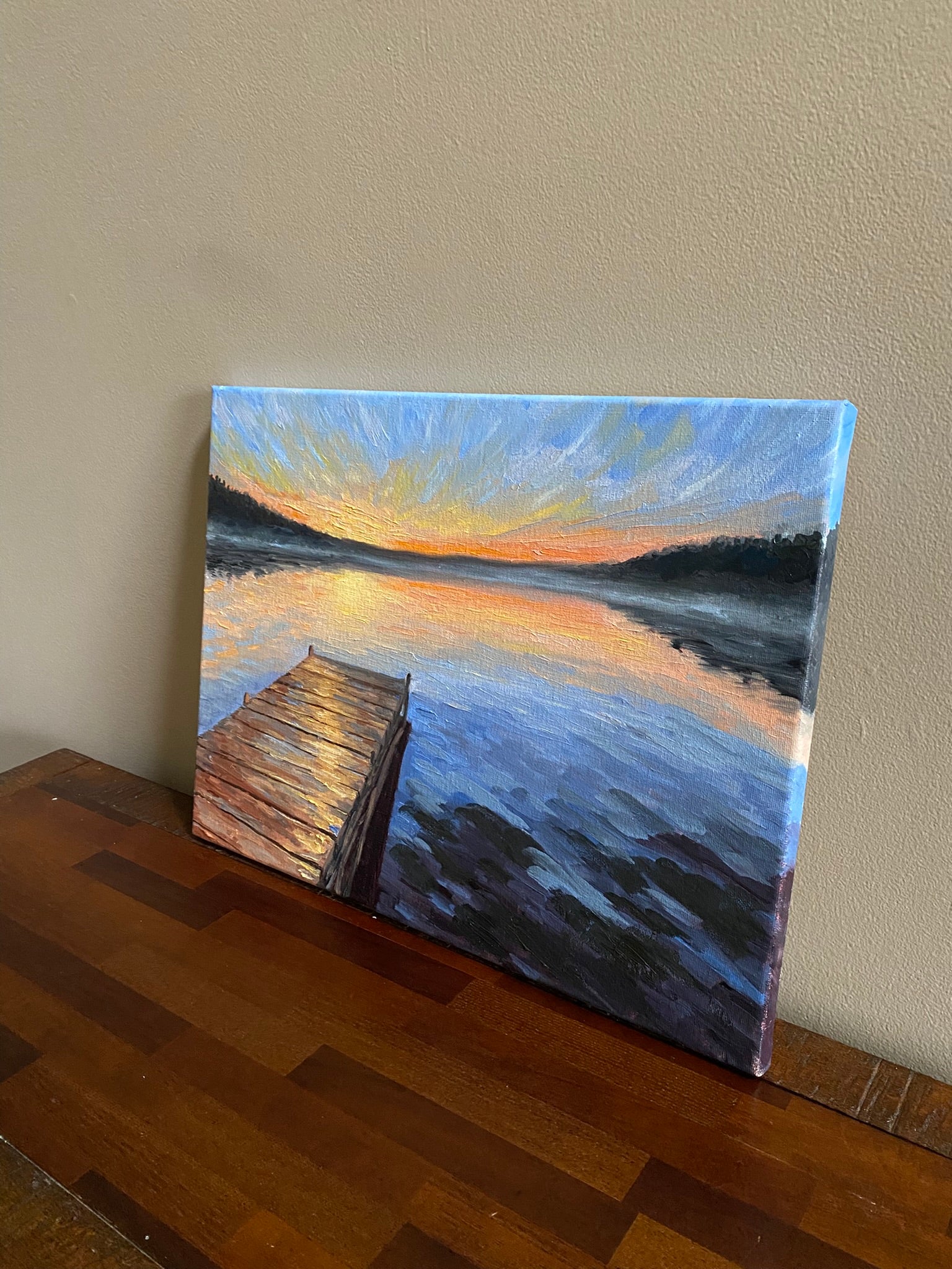 Sunrise sky over the lake - Original Oil Painting