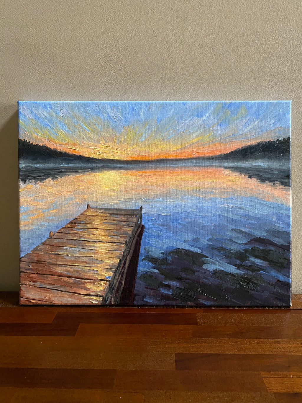 Sunrise sky over the lake - Original Oil Painting
