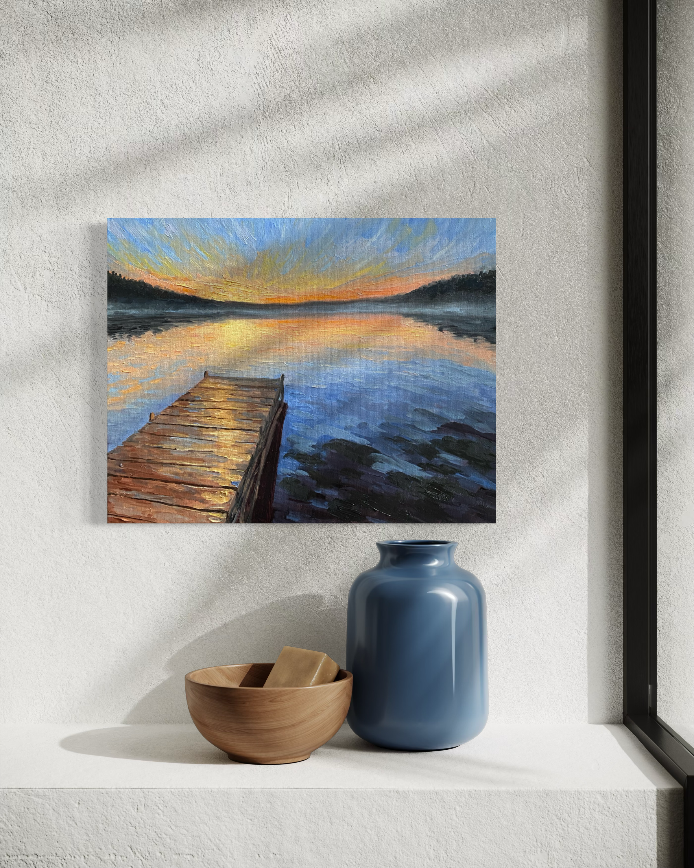 Sunrise sky over the lake - Original Oil Painting