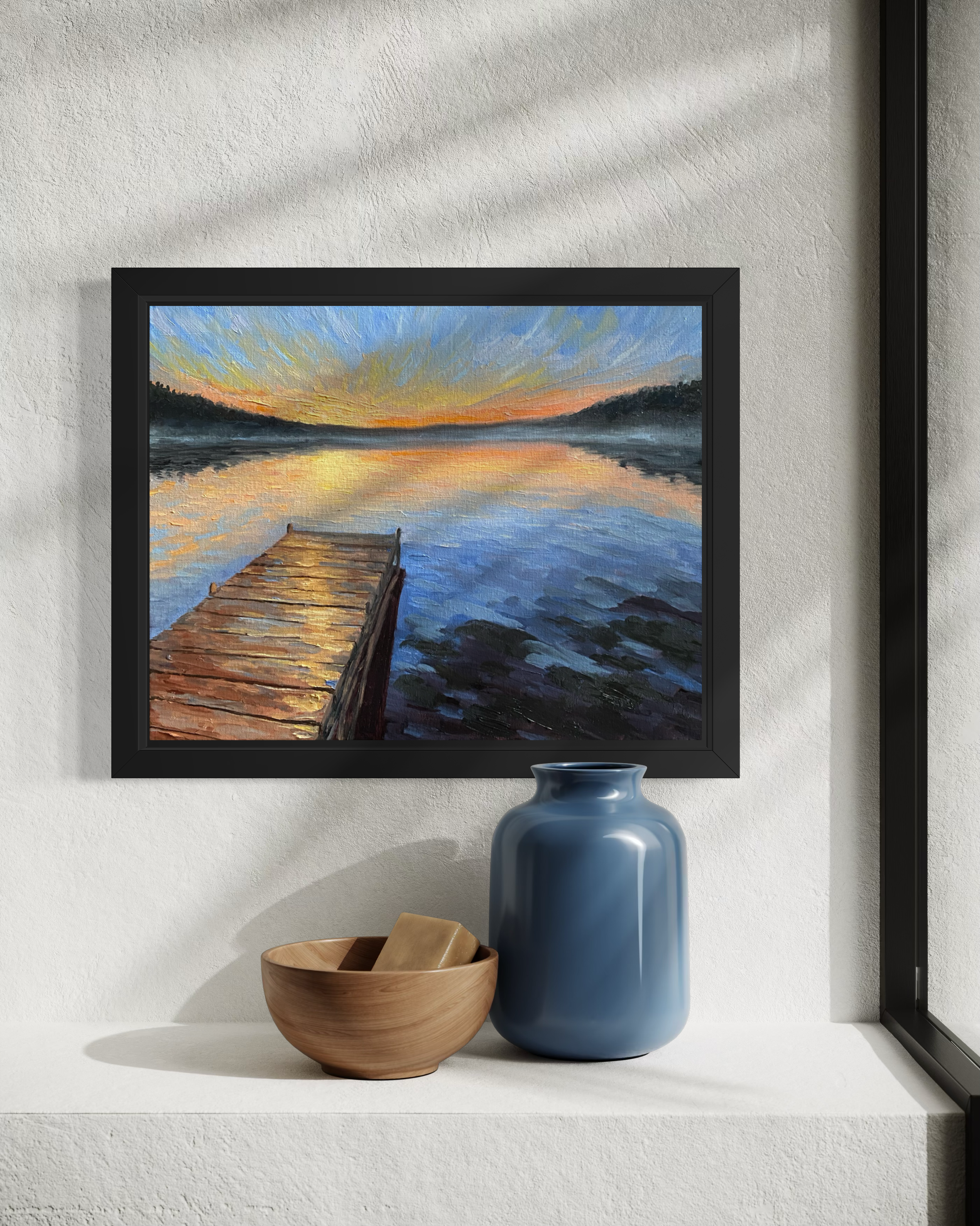 Sunrise sky over the lake - Original Oil Painting