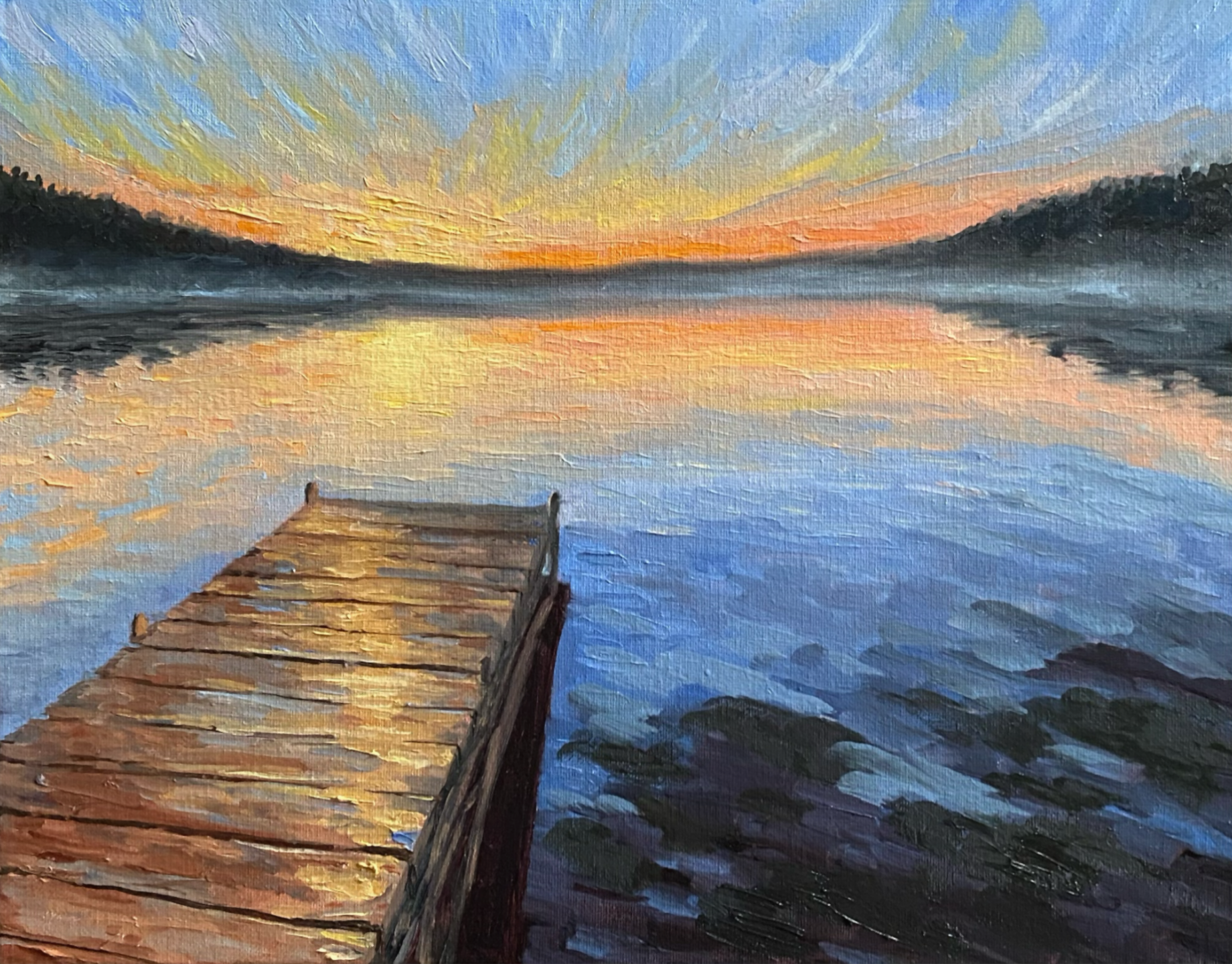Sunrise sky over the lake - Original Oil Painting