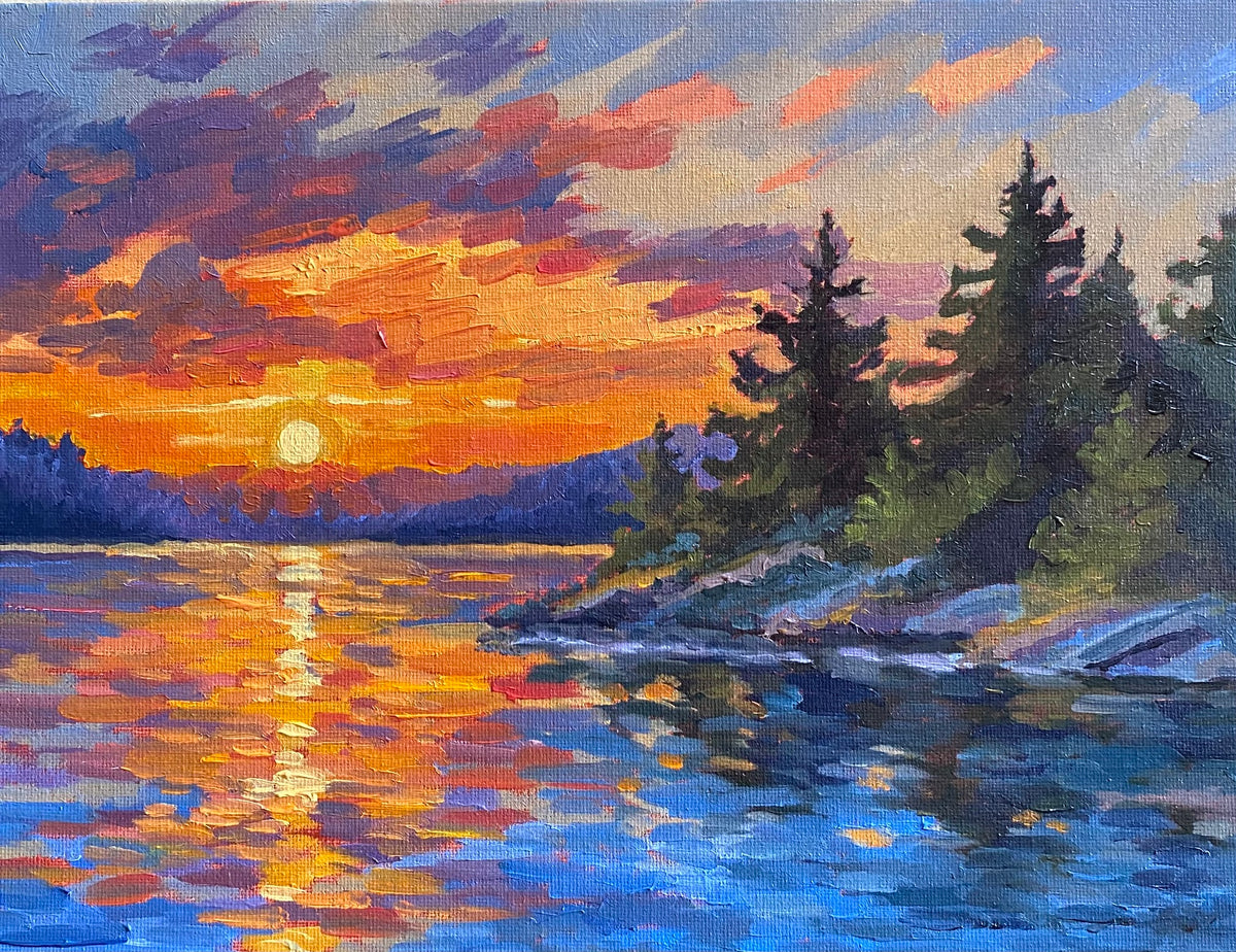 Summer Sunset over the Lake - Original Oil Painting